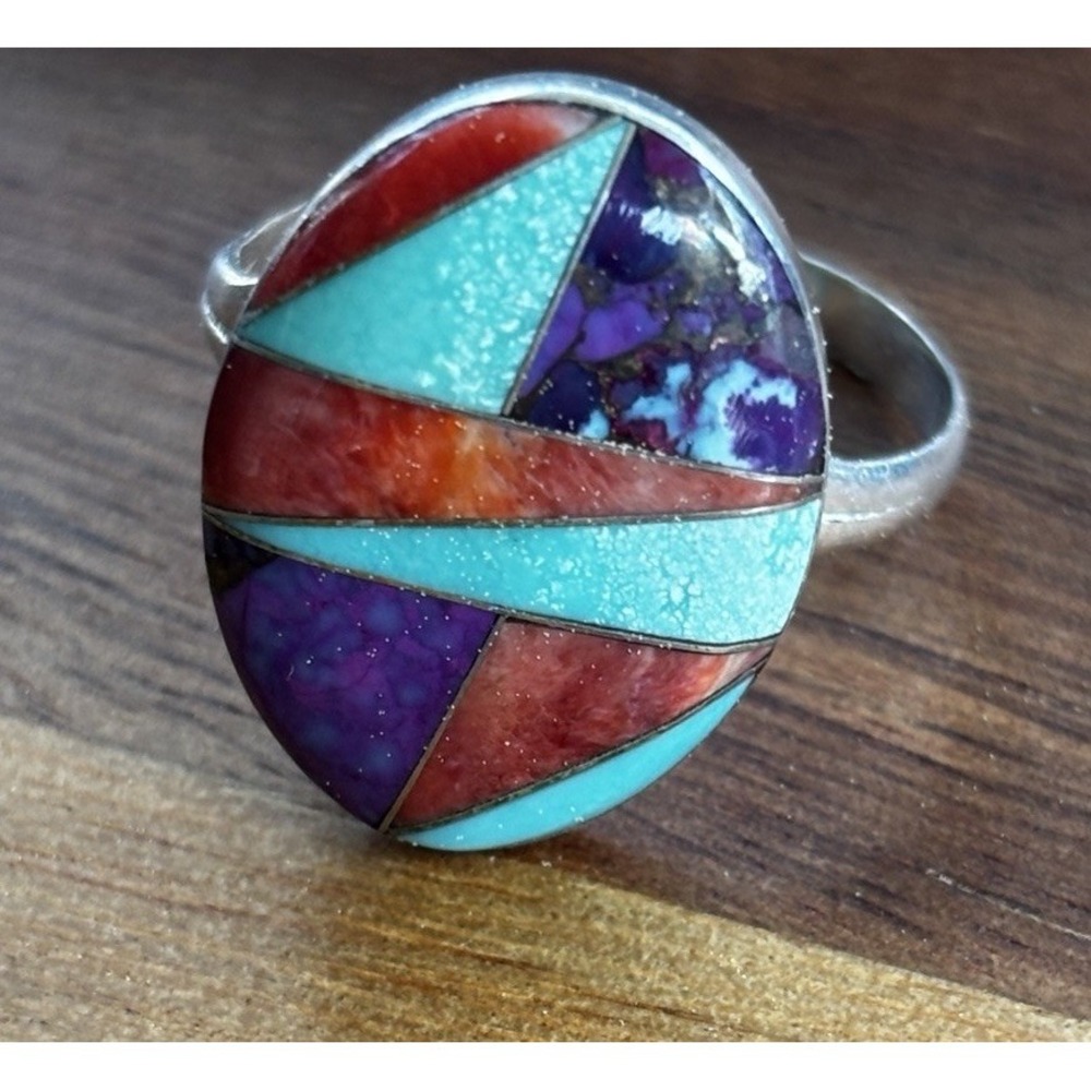 Southwest Silver Ring Multi Gemstone Inlay Sterling Size 8.75